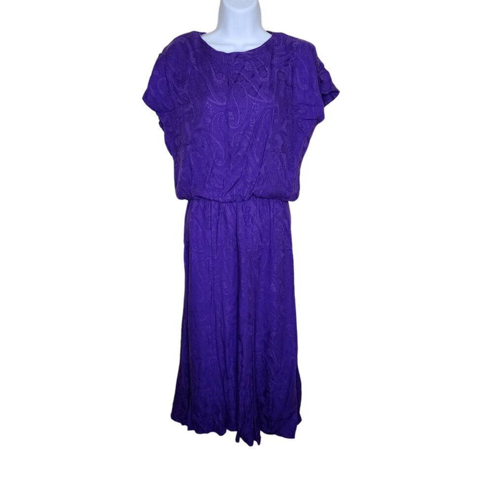 Vintage 80s Cap Sleeve Blouson Dress Womens Size 6 Royal Purple Paisley